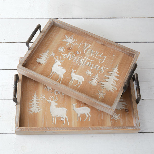 WOOD CARVED MERRY CHRISTMAS TRAYS W/IRON HANDLES.