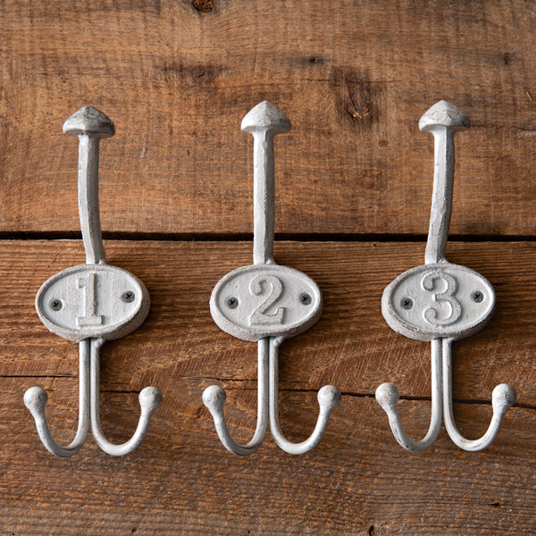 SET OF 3 NUMBERED SCHOOLHOUSE WALL HOOKS  - 7" TALL!